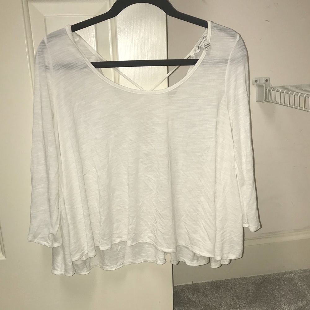 american eagle white lace up back 3/4 sleeve top